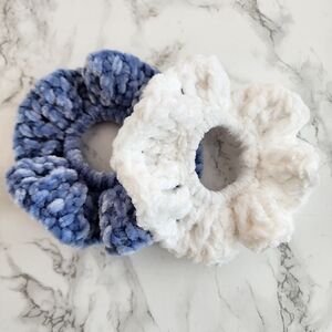 2 Velvet scrunchies crochet blue and White Hair Accesories Hand Made